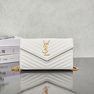 Saint Laurent White Quilted Envelope Chain Shoulder Bag with Gold Logo